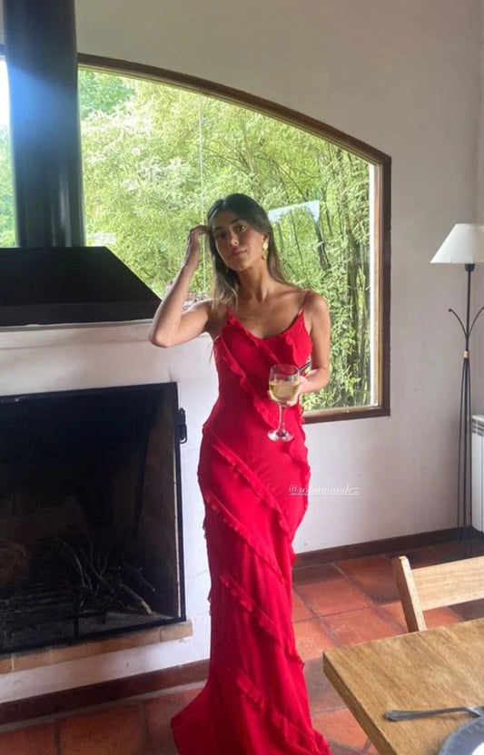 Sexy red ruffled ball gown long sleeve dress evening party dress nv1772