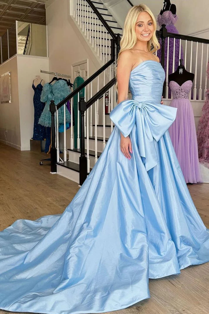 A-Line Strapless Light Blue Satin Long Prom Dress with Bow nv1554