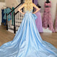 A-Line Strapless Light Blue Satin Long Prom Dress with Bow nv1554