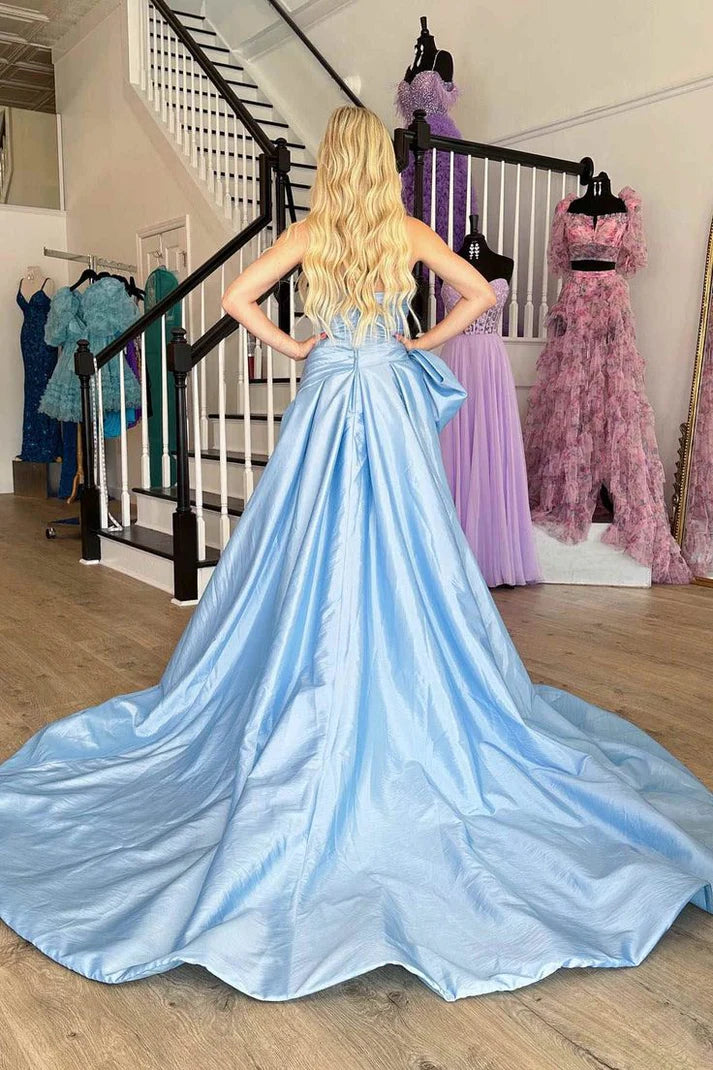A-Line Strapless Light Blue Satin Long Prom Dress with Bow nv1554