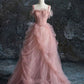 Pink Fashion Elegant Strapless A-line Long Tulle Princess Fairy Formal Prom Party Dress Evening Gown nv3630