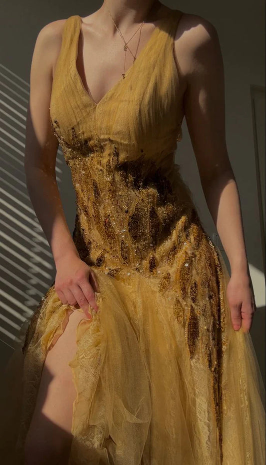 Beautiful Chic A Line V Neckline Yellow Tulle Long Evening Dress Prom Dresses nv5392
