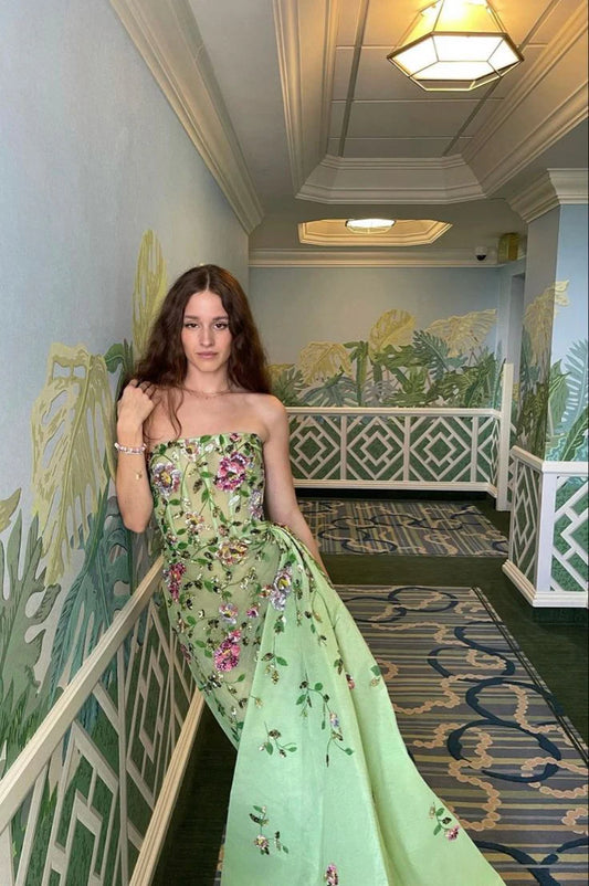 Pretty Sheath Strapless Green Floor Length Evening Dress Organza Prom Dresses With Embroidered nv5337