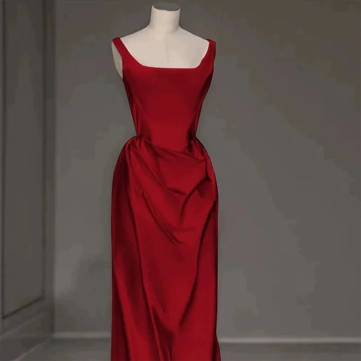 Red retro fashion square neckline sexy mermaid long satin floor length ball gown evening dress nv3618