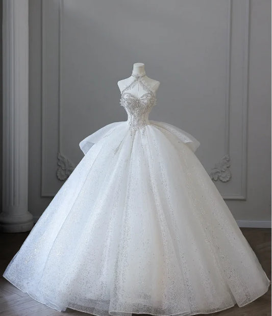 Elegant white exquisite beaded long tulle spaghetti strap prom dress wedding dress nv5318