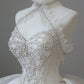 Elegant white exquisite beaded long tulle spaghetti strap prom dress wedding dress nv5318