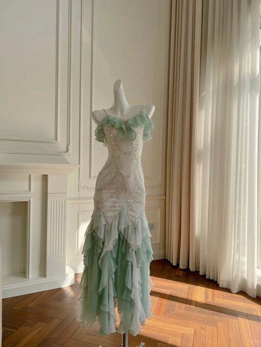 Beautiful Spaghetti Strap Mermaid Beaded Chiffon Prom Dress nv5391