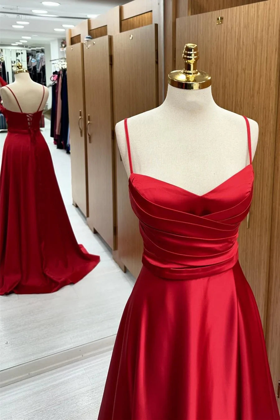 Red Satin Spaghetti Straps Lace-Up A-Line Formal Dresses Evening Dresses nv1559