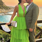 Green Elegant A-Line V-Neck Layered Tulle Ball Gown Evening Dress nv3100