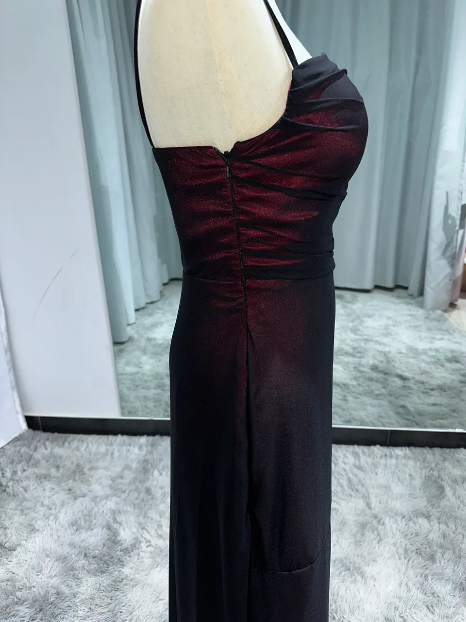 Burgundy Vintage Fashion Elegant Bodycon Spaghetti Strap Long Tulle Satin Formal Women's Ball Dress Evening Dress Party Dress Prom Dress nv3929