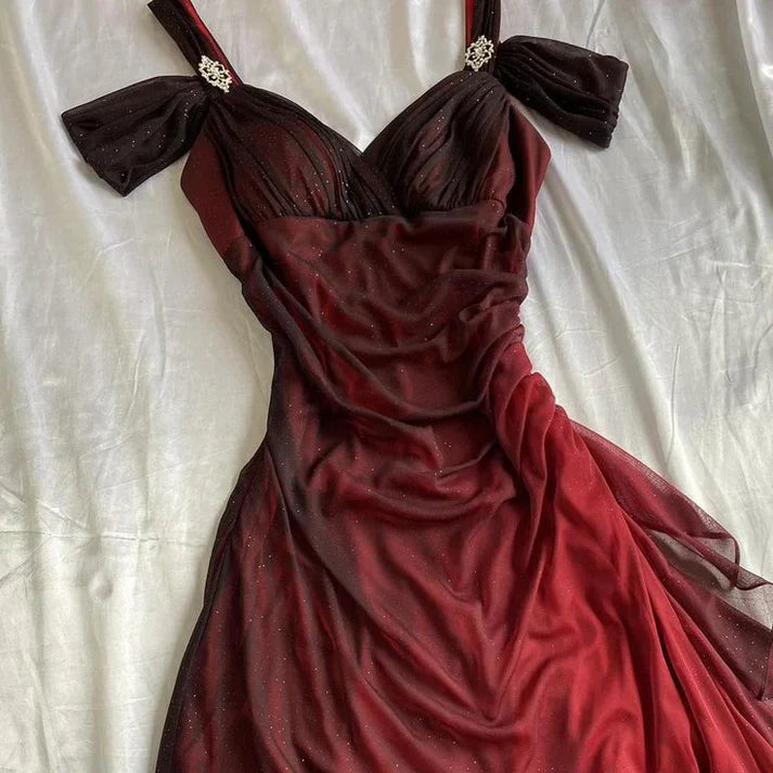 Burgundy Shiny Elegant Off Shoulder Ruffles Fashion Elegant Long Chiffon Prom Dress Evening Gown Party Dress nv4149