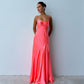 Peach Pink Simple Fashion Elegant Spaghetti Straps A Line Long Satin Formal Women's Prom Dress Evening Dress Wedding Guest Party Dress Prom Dress With Side Slits nv3928