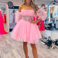 Princess Strapless Short Pink Prom Dresses with Sleeves, Pink Short Homecoming Dresses, Pink Formal Evening Dresses nv1472