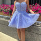 Princess V Neck Open Back Light Blue Lace Prom Dresses, Light Blue Lace Homecoming Dresses, Short Blue Formal Evening Dresses nv1473