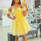 Princess Yellow Floral Short Prom Dresses, Sweetheart Neck Yellow Homecoming Dresses, Strapless Yellow Formal Graduation Evening Dresses nv1476