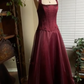 Burgundy red vintage elegant shiny beaded long tulle ball gown evening dress party dress nv2608