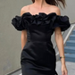 Black tight off the shoulder ruffle short mini satin homecoming dress prom dress birthday party dress nv1730