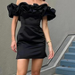 Black tight off the shoulder ruffle short mini satin homecoming dress prom dress birthday party dress nv1730