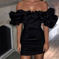 Black tight off the shoulder ruffle short mini satin homecoming dress prom dress birthday party dress nv1730