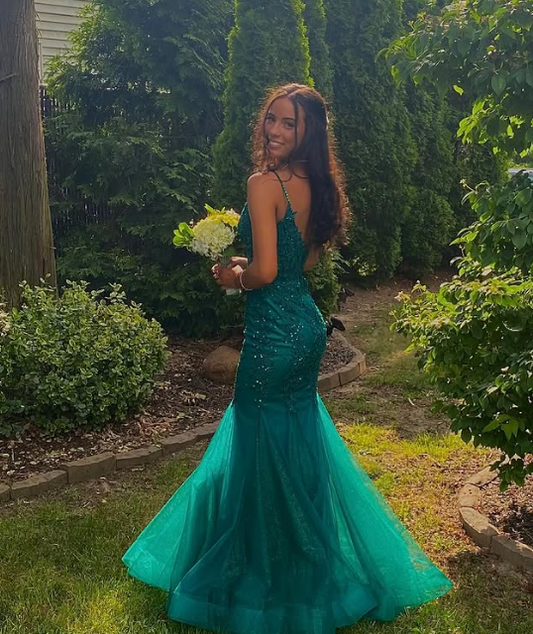 Green elegant exquisite applique beading long tulle ball gown evening dress party dress nv1404