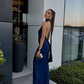 Navy Blue Simple Elegant Halter Neck Off Shoulder Slim Fashion Long Satin Ball Gown Evening Dress Party Dress nv2562