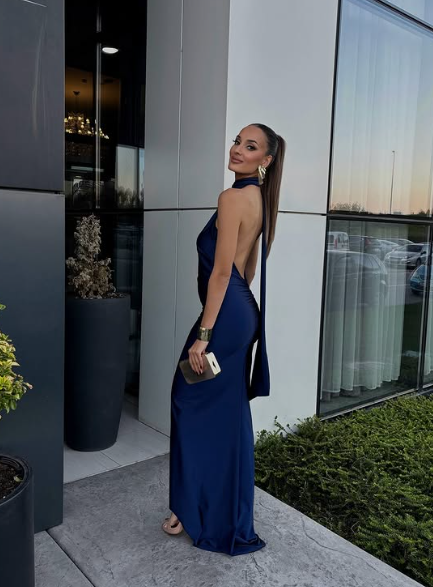 Navy Blue Simple Elegant Halter Neck Off Shoulder Slim Fashion Long Satin Ball Gown Evening Dress Party Dress nv2562
