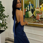 Navy Blue Simple Elegant Halter Neck Off Shoulder Slim Fashion Long Satin Ball Gown Evening Dress Party Dress nv2562