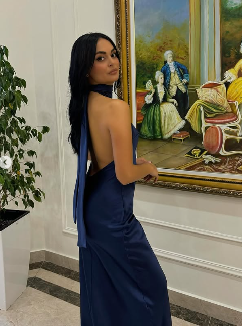 Navy Blue Simple Elegant Halter Neck Off Shoulder Slim Fashion Long Satin Ball Gown Evening Dress Party Dress nv2562