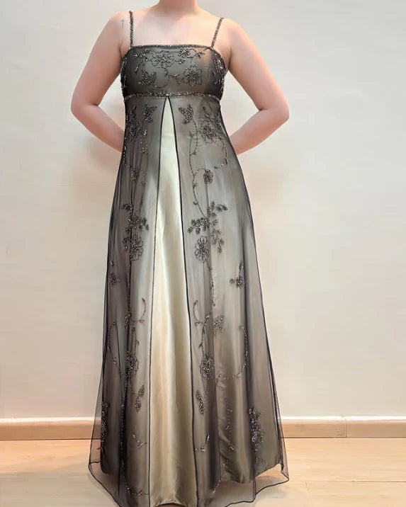 Brown Elegant Fashion Exquisite Spaghetti Strap Long Tulle Ball Gown Evening Dress Party Dress Prom Dress nv3978