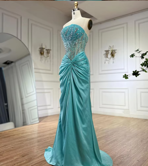 Green Luxury Strapless Mermaid Evening Dress Shiny Satin Beaded Long Formal Party Dress Prom Dress Evening Gown nv2415