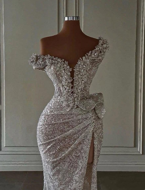Silver Luxury Gorgeous Shiny Sequin Long Ball Gown Beaded Mermaid Off-shoulder Evening Gown Women Beauty Pageant Dress nv2751
