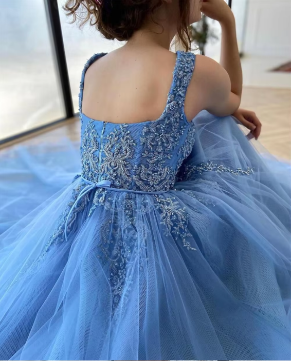 Exquisite 3D Flowers Beads Blue Long Prom Dresses Sweetheart Tulle Bow Sash Floor Length Evening Gowns  nv1641