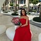 Red elegant off-shoulder long chiffon ball gown evening dress wedding guest dress nv2617