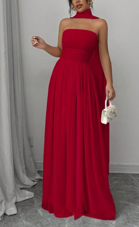 Red elegant off-shoulder long chiffon ball gown evening dress wedding guest dress nv2617