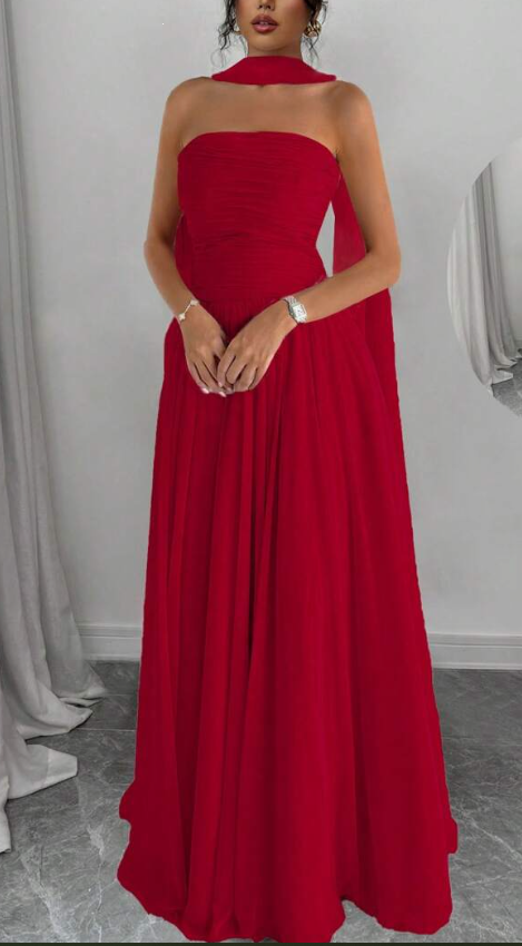 Red elegant off-shoulder long chiffon ball gown evening dress wedding guest dress nv2617