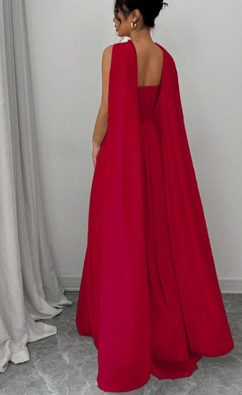 Red elegant off-shoulder long chiffon ball gown evening dress wedding guest dress nv2617