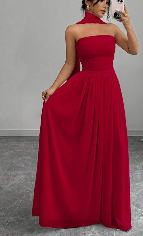 Red elegant off-shoulder long chiffon ball gown evening dress wedding guest dress nv2617