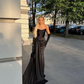Black Elegant V Neck Mermaid Side Slit Satin Long Evening Gown Ball Gown nv1978
