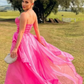 Pink Simple Elegant Off Shoulder Tulle A-Line Maxi Formal Prom Gown Evening Gown Party Dress nv2569