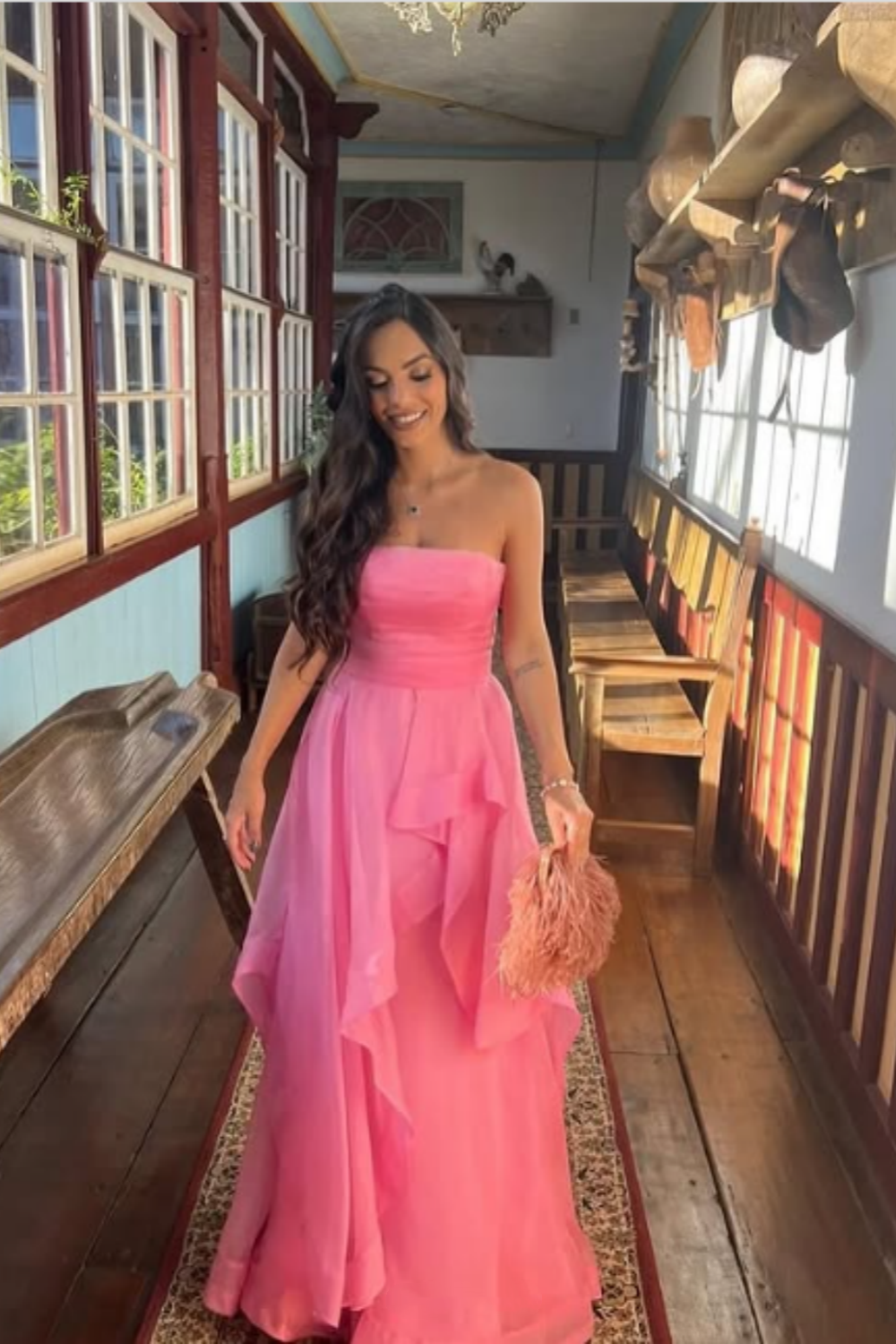 Pink Simple Elegant Off Shoulder Tulle A-Line Maxi Formal Prom Gown Evening Gown Party Dress nv2569