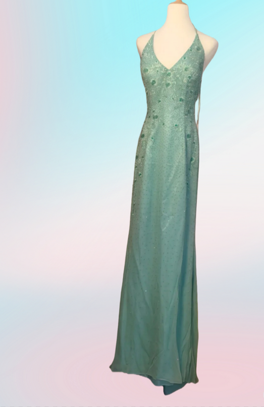 NiceVestidos--Light Moss Green Embroidered Organza Halter - Neck Sleeveless Floor - Length Banquet Dress NV5825