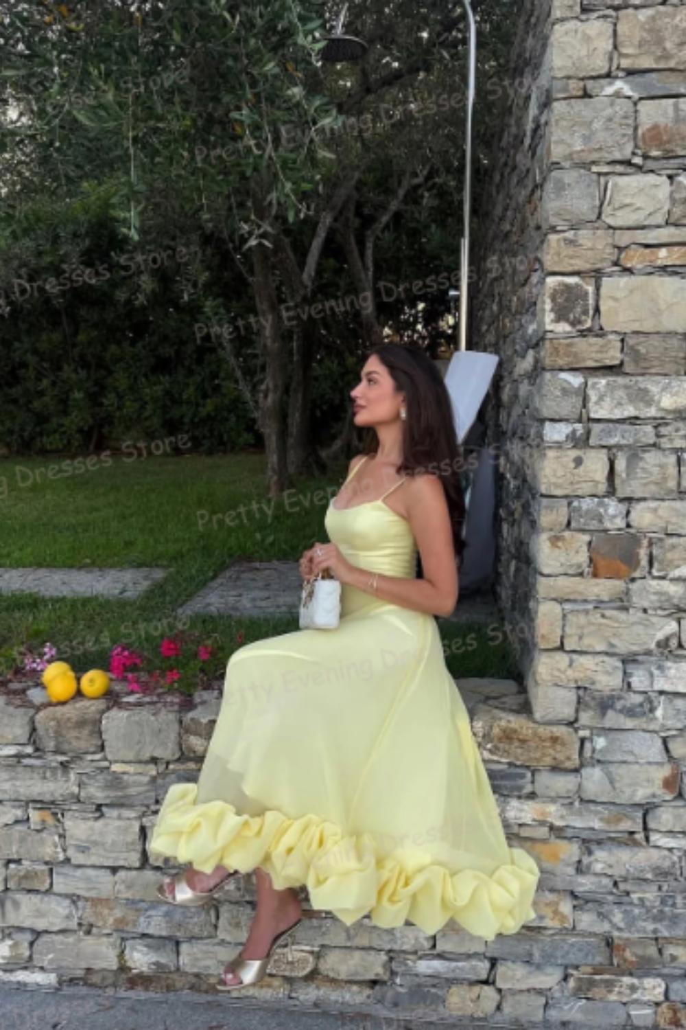 NiceVestidos--Light Yellow Spaghetti Strap Ruffled Hem French Elegant Midi Party dresses Evening Dress  NV5902