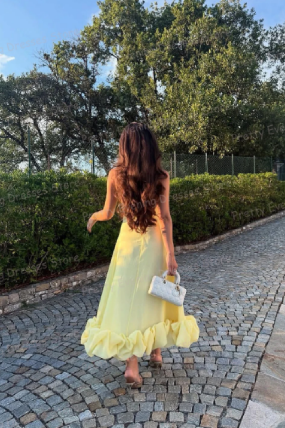 NiceVestidos--Light Yellow Spaghetti Strap Ruffled Hem French Elegant Midi Party dresses Evening Dress  NV5902