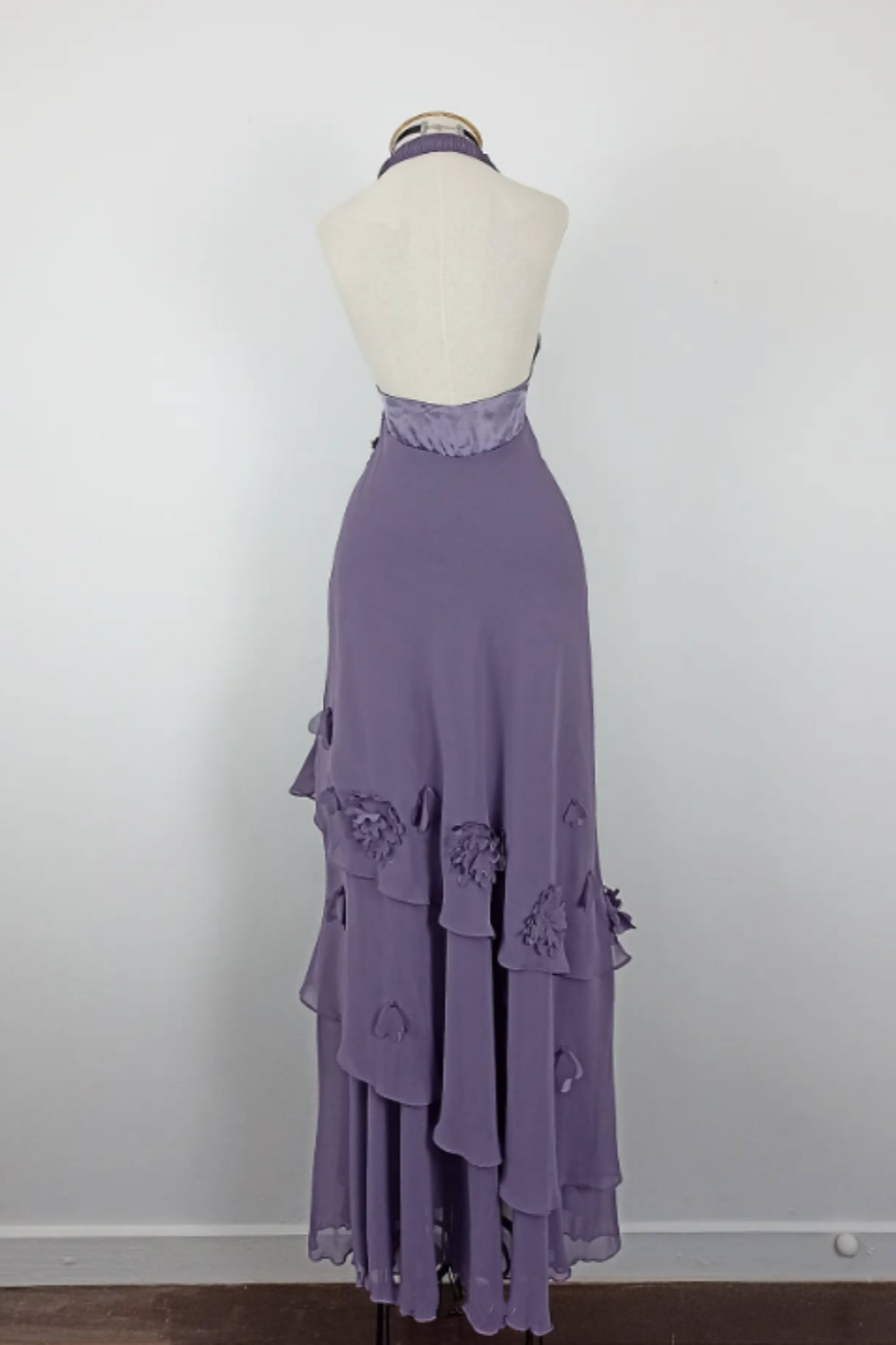 NiceVestidos--Vintage Lavender Purple 3D Floral Halter Deep V Asymmetric Ruffled Long Gown NV5908