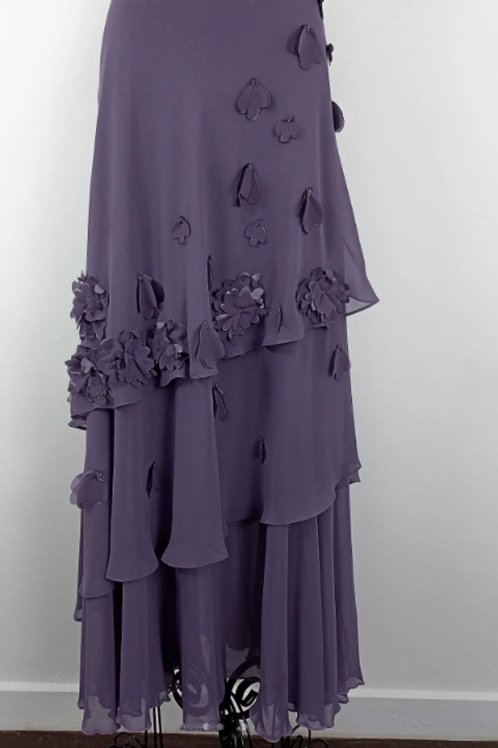 NiceVestidos--Vintage Lavender Purple 3D Floral Halter Deep V Asymmetric Ruffled Long Gown NV5908