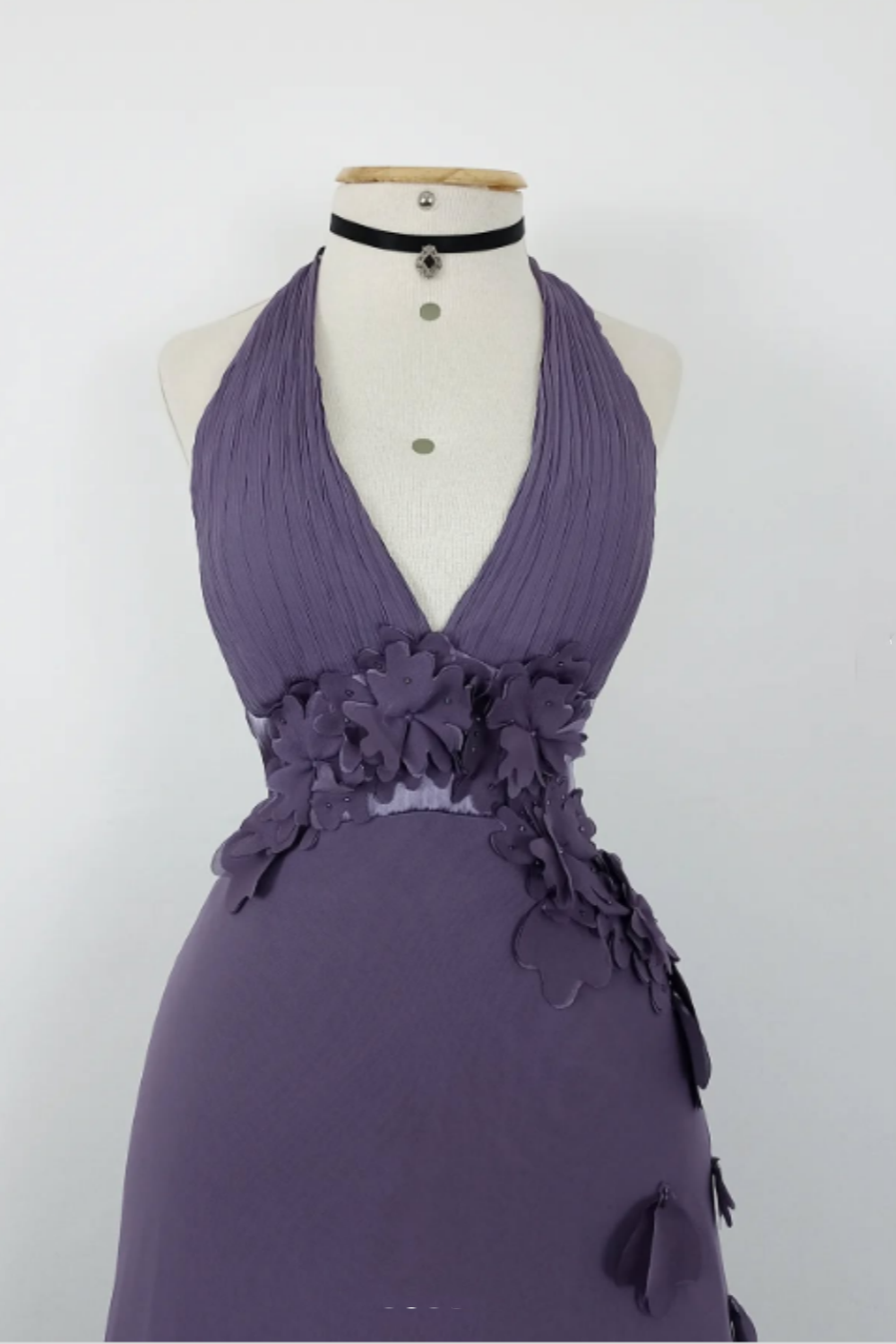 NiceVestidos--Vintage Lavender Purple 3D Floral Halter Deep V Asymmetric Ruffled Long Gown NV5908
