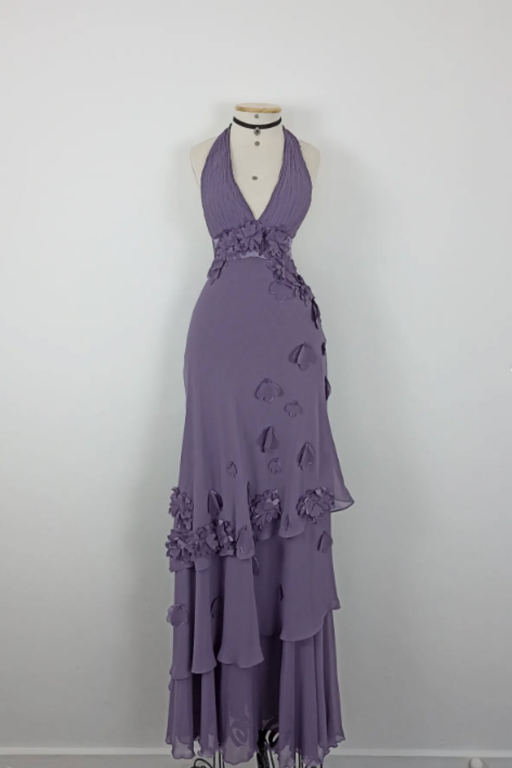 NiceVestidos--Vintage Lavender Purple 3D Floral Halter Deep V Asymmetric Ruffled Long Gown NV5908