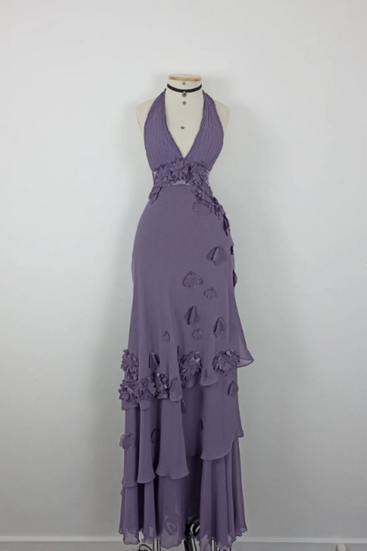 NiceVestidos--Vintage Lavender Purple 3D Floral Halter Deep V Asymmetric Ruffled Long Gown NV5908