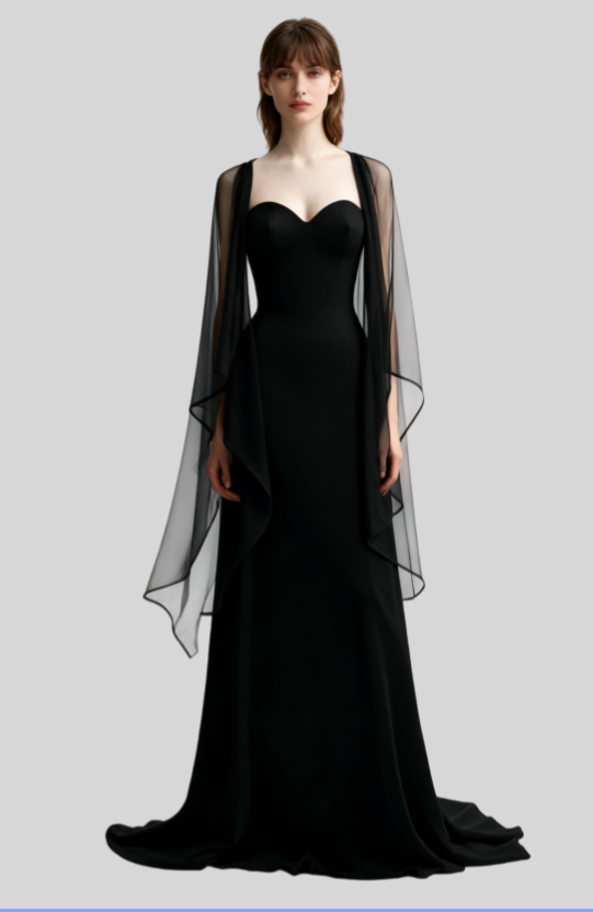 NiceVestidos - Robe longue en mousseline noire à manches longues et décolleté cœur NV6013