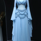Robe de mariée féérique de style cour, bleu clair, ornée de perles, manches transparentes et traîne - Thème océan NV6382